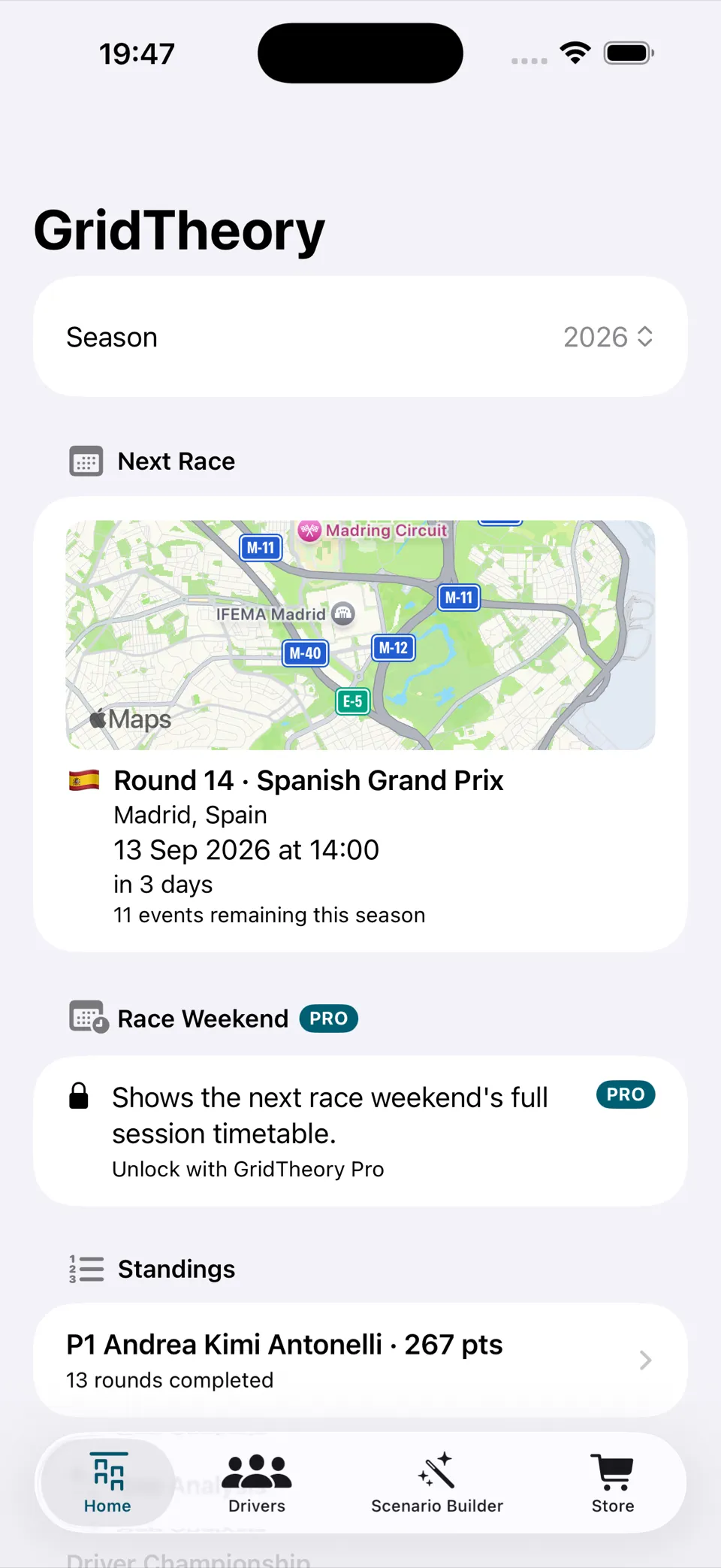 GridTheory Home screen with championship standings and the next race