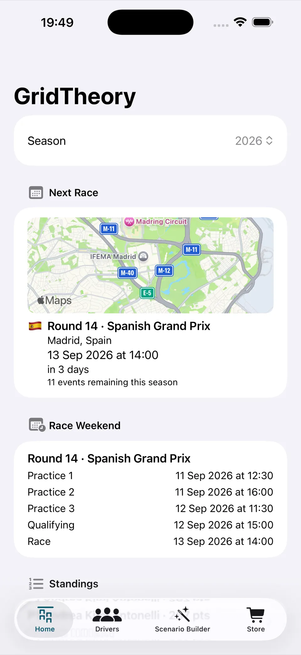 Race weekend session times and a Pro countdown widget on iPhone