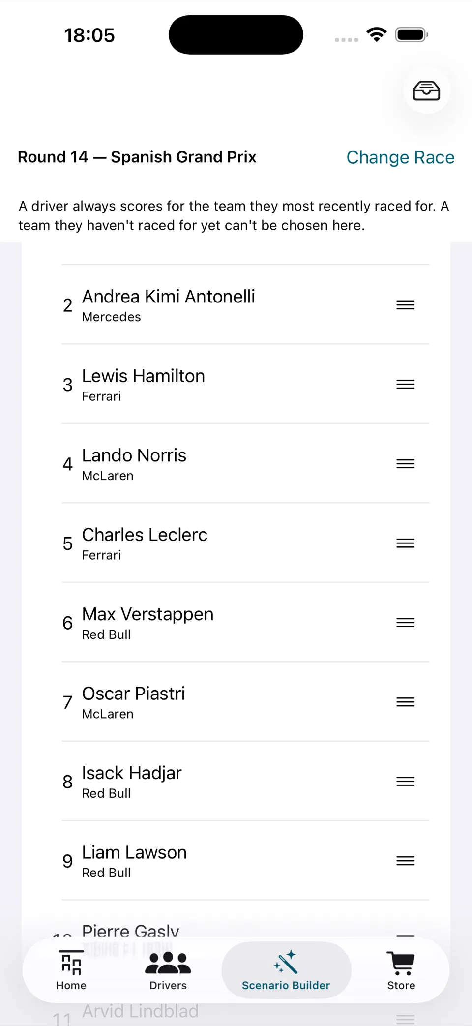 Reordering a race result inside a championship scenario on iPhone